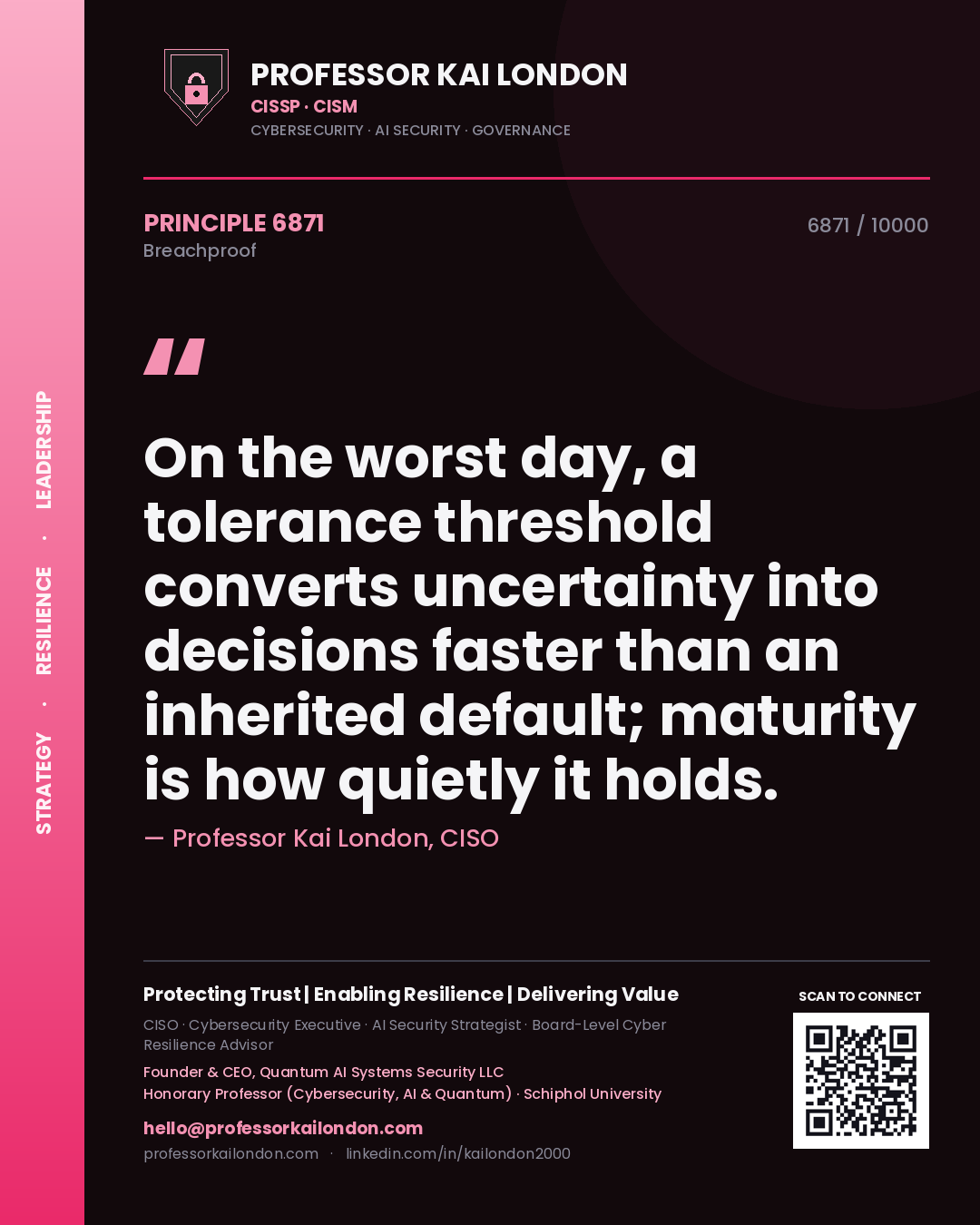 Quote card by Professor Kai London reading 'On the worst day, a tolerance threshold converts uncertainty into decisions faster than an inherited default; maturity is how quietly it holds.'. From the book Breachproof.