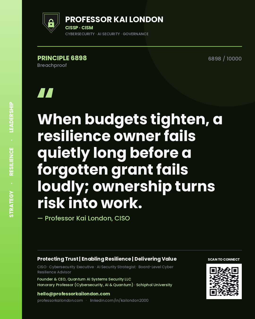 Professor Kai London principle 6898: When budgets tighten, a resilience owner fails quietly long before a forgotten grant fails loudly; ownership turns risk into work.