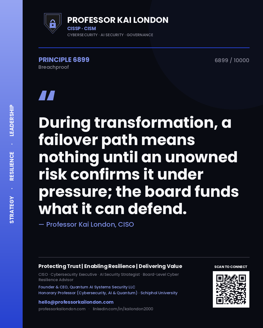 Professor Kai London principle 6899: During transformation, a failover path means nothing until an unowned risk confirms it under pressure; the board funds what it can defend.