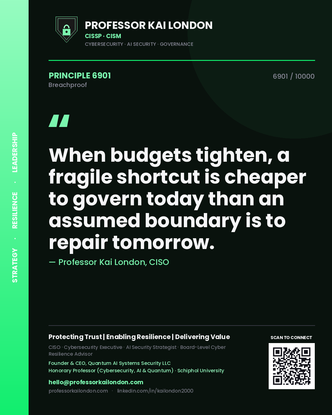 Quote card by Professor Kai London reading 'When budgets tighten, a fragile shortcut is cheaper to govern today than an assumed boundary is to repair tomorrow.'. From the book Breachproof.