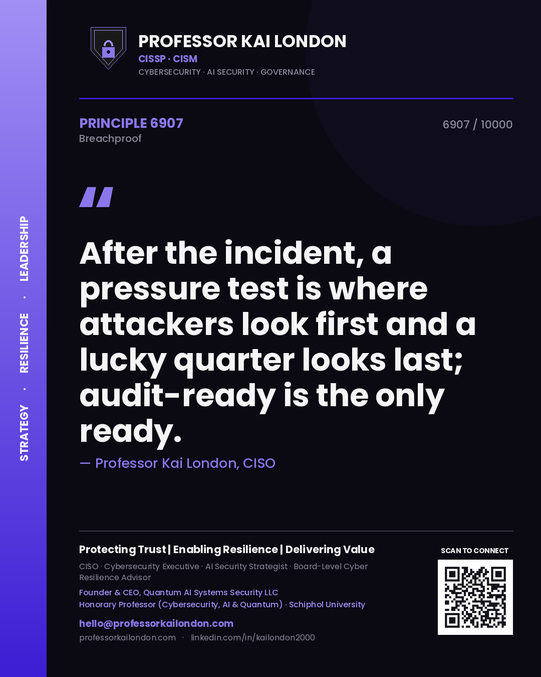 Quote card by Professor Kai London reading 'After the incident, a pressure test is where attackers look first and a lucky quarter looks last; audit-ready is the only ready.'. From the book Breachproof.