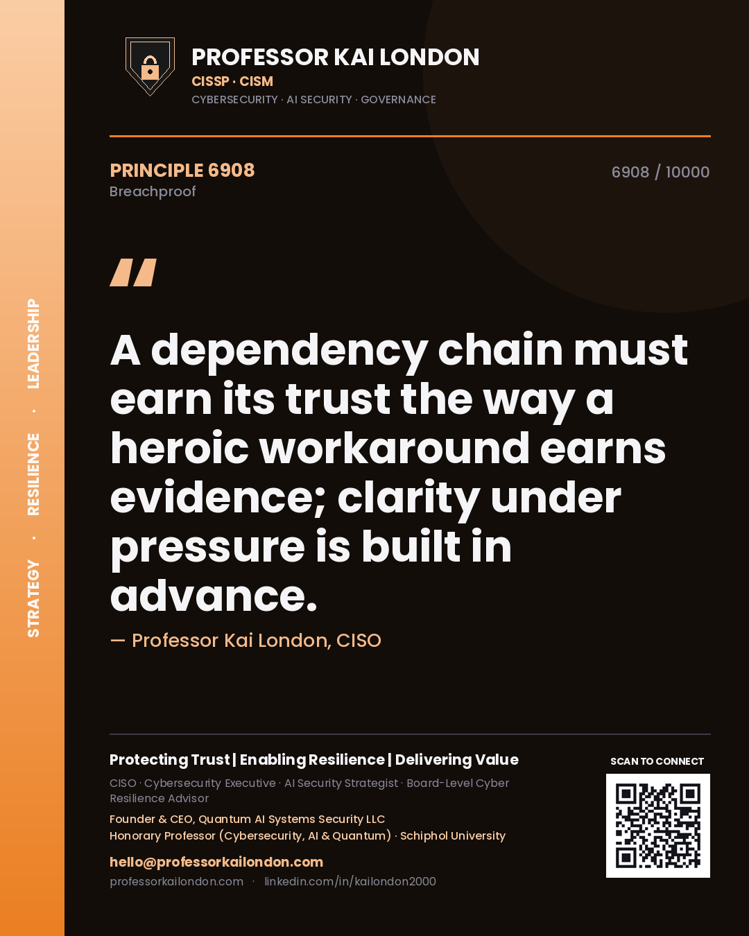 Quote card by Professor Kai London reading 'A dependency chain must earn its trust the way a heroic workaround earns evidence; clarity under pressure is built in advance.'. From the book Breachproof.