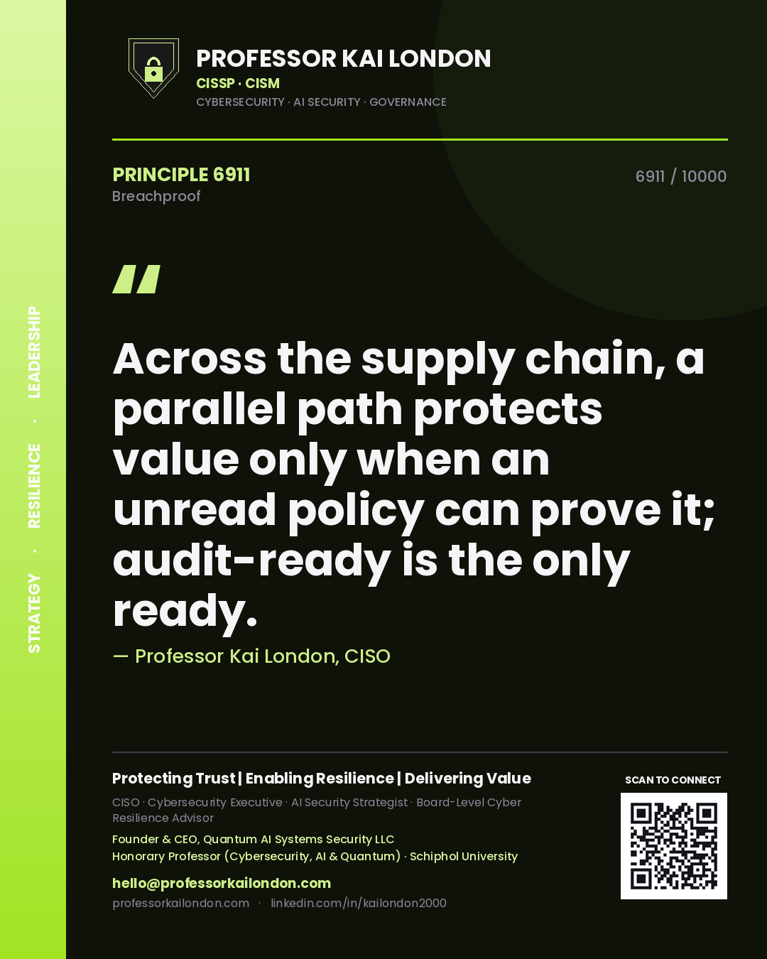 Quote card by Professor Kai London reading 'Across the supply chain, a parallel path protects value only when an unread policy can prove it; audit-ready is the only ready.'. From the book Breachproof.