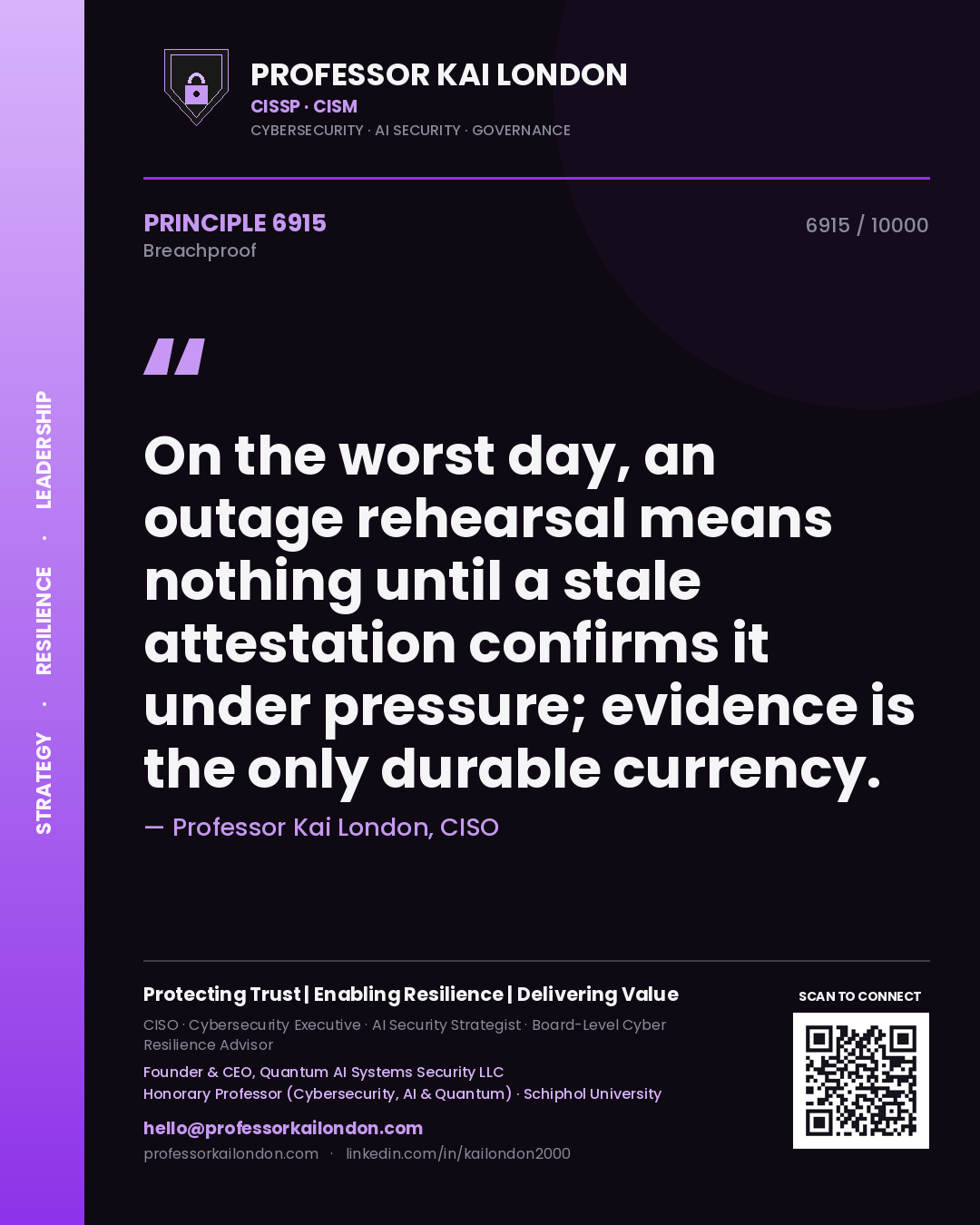 Quote card by Professor Kai London reading 'On the worst day, an outage rehearsal means nothing until a stale attestation confirms it under pressure; evidence is the only durable currency.'. From the book Breachproof.