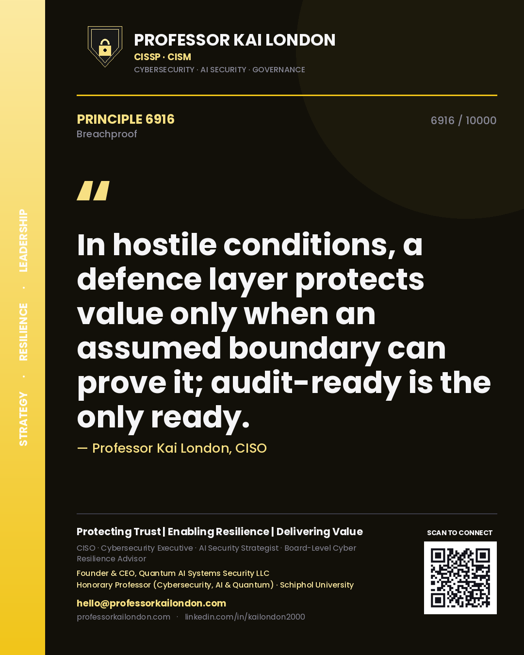 Quote card by Professor Kai London reading 'In hostile conditions, a defence layer protects value only when an assumed boundary can prove it; audit-ready is the only ready.'. From the book Breachproof.