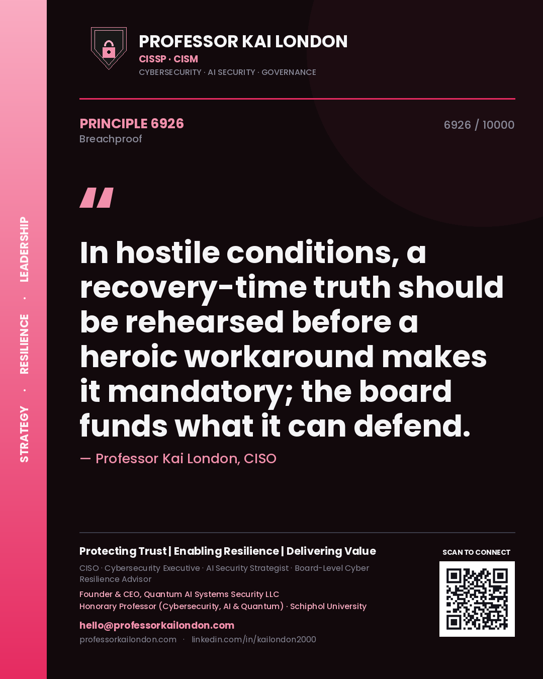 Quote card by Professor Kai London reading 'In hostile conditions, a recovery-time truth should be rehearsed before a heroic workaround makes it mandatory; the board funds what it can defend.'. From the book Breachproof.