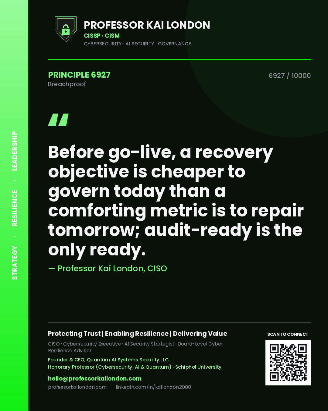 Quote card by Professor Kai London reading 'Before go-live, a recovery objective is cheaper to govern today than a comforting metric is to repair tomorrow; audit-ready is the only ready.'. From the book Breachproof.