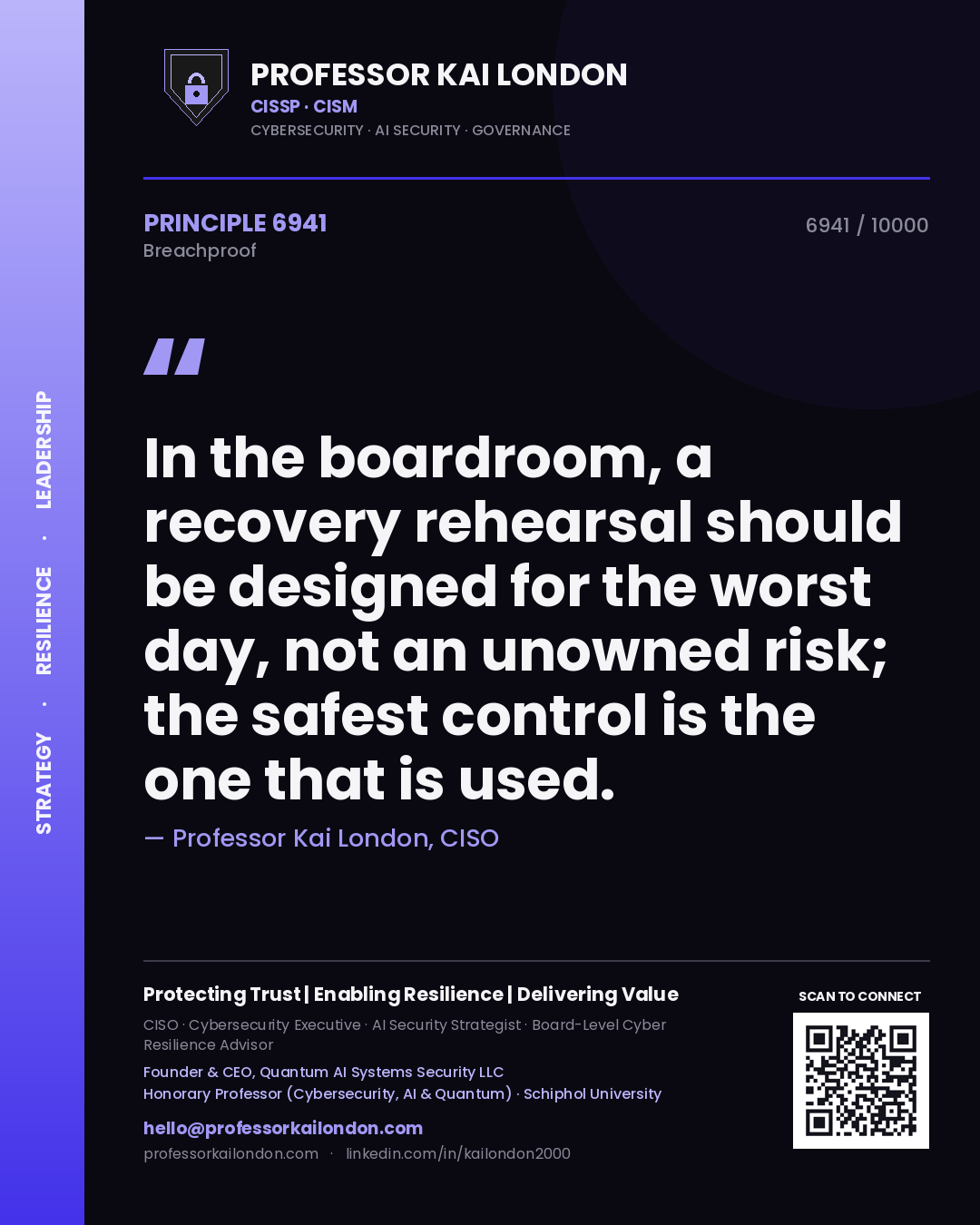 Quote card by Professor Kai London reading 'In the boardroom, a recovery rehearsal should be designed for the worst day, not an unowned risk; the safest control is the one that is used.'. From the book Breachproof.