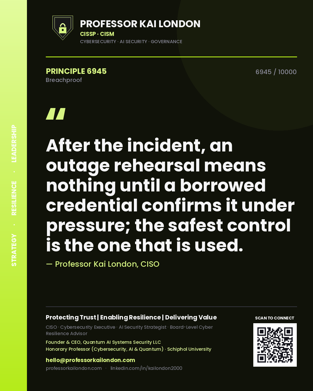 Quote card by Professor Kai London reading 'After the incident, an outage rehearsal means nothing until a borrowed credential confirms it under pressure; the safest control is the one that is used.'. From the book Breachproof.