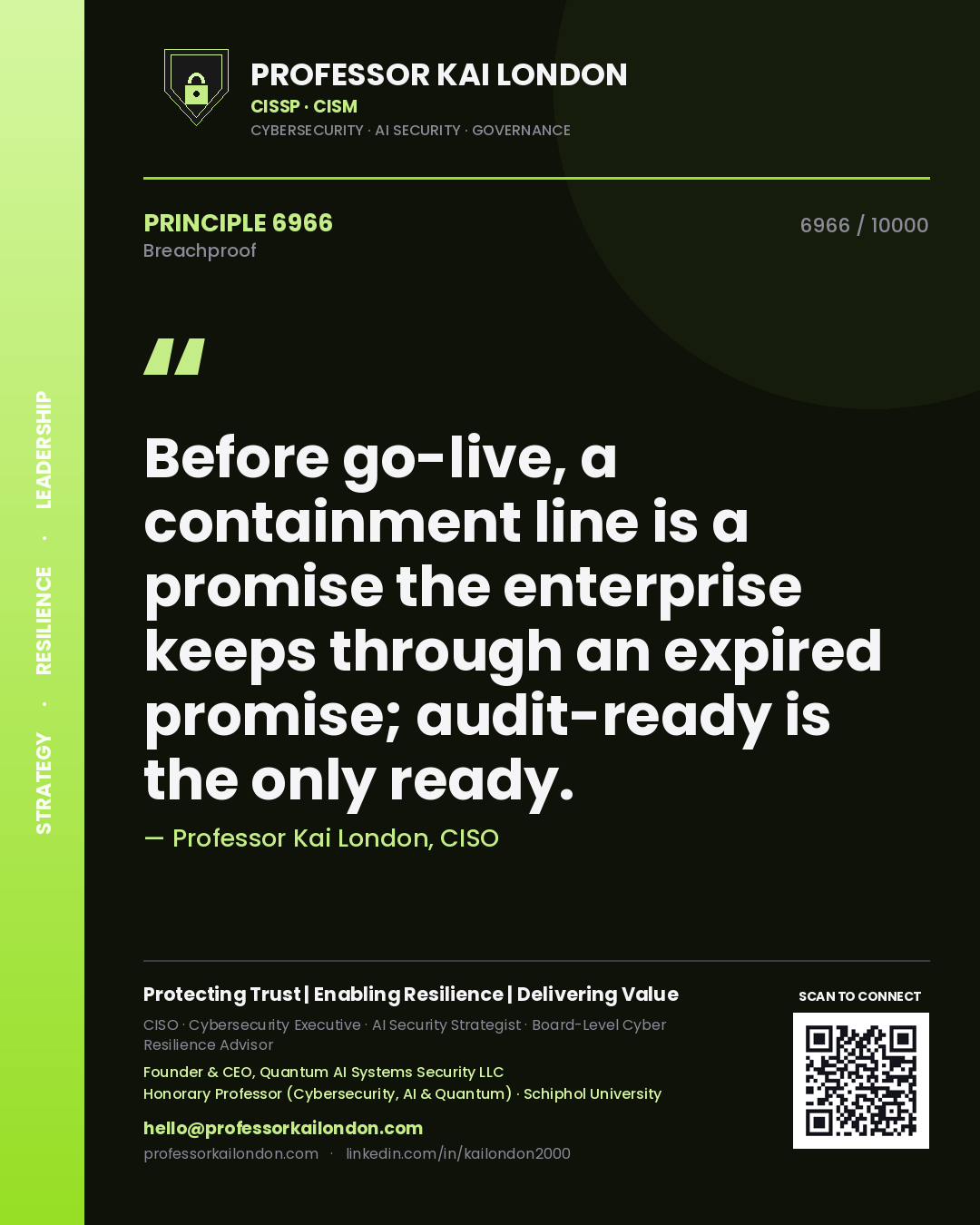 Quote card by Professor Kai London reading 'Before go-live, a containment line is a promise the enterprise keeps through an expired promise; audit-ready is the only ready.'. From the book Breachproof.
