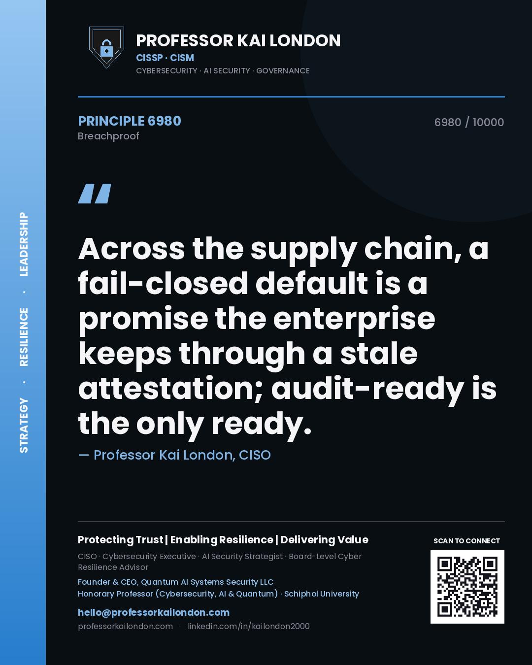 Quote card by Professor Kai London reading 'Across the supply chain, a fail-closed default is a promise the enterprise keeps through a stale attestation; audit-ready is the only ready.'. From the book Breachproof.