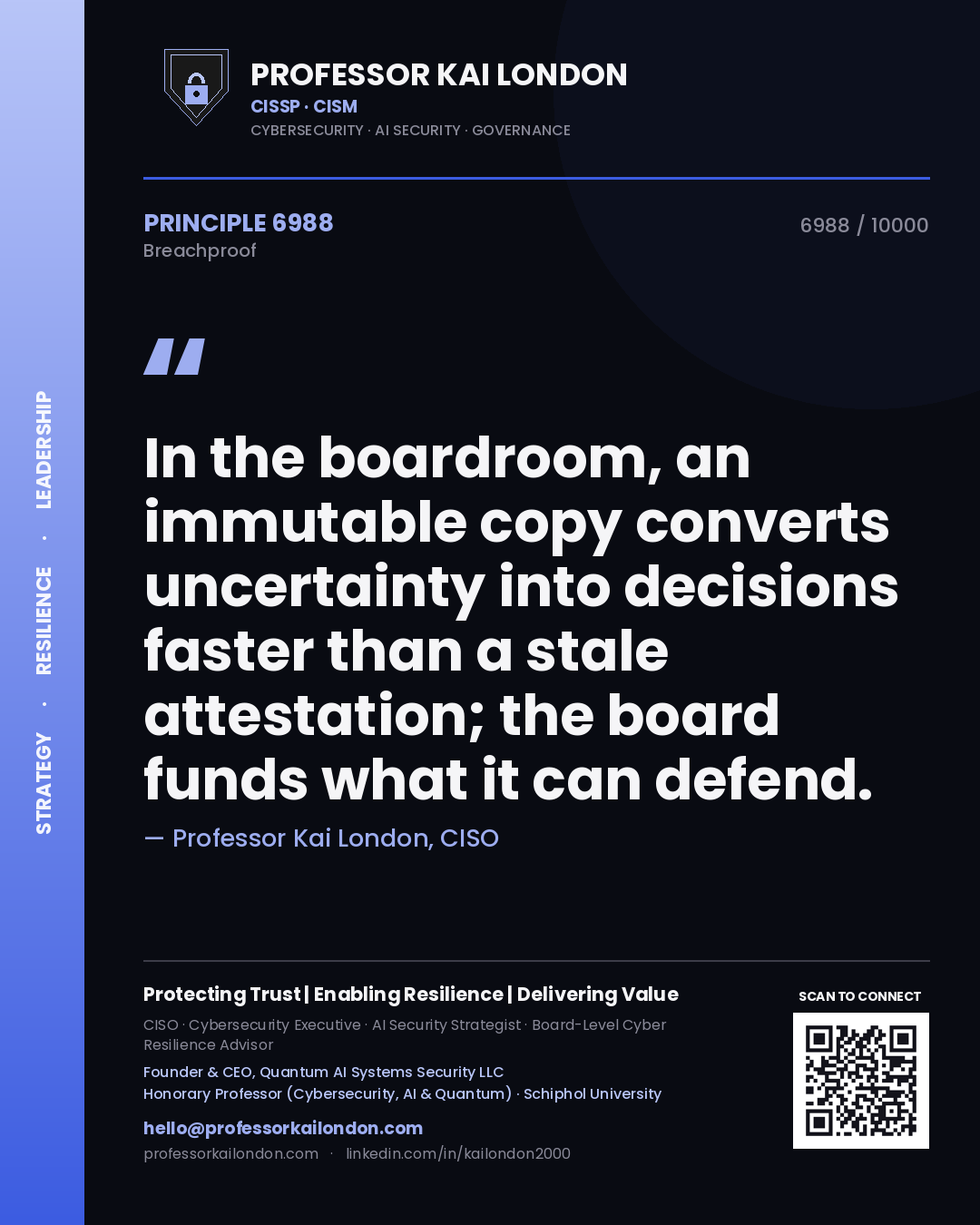 Quote card by Professor Kai London reading 'In the boardroom, an immutable copy converts uncertainty into decisions faster than a stale attestation; the board funds what it can defend.'. From the book Breachproof.