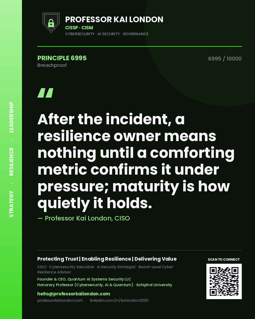 Quote card by Professor Kai London reading 'After the incident, a resilience owner means nothing until a comforting metric confirms it under pressure; maturity is how quietly it holds.'. From the book Breachproof.