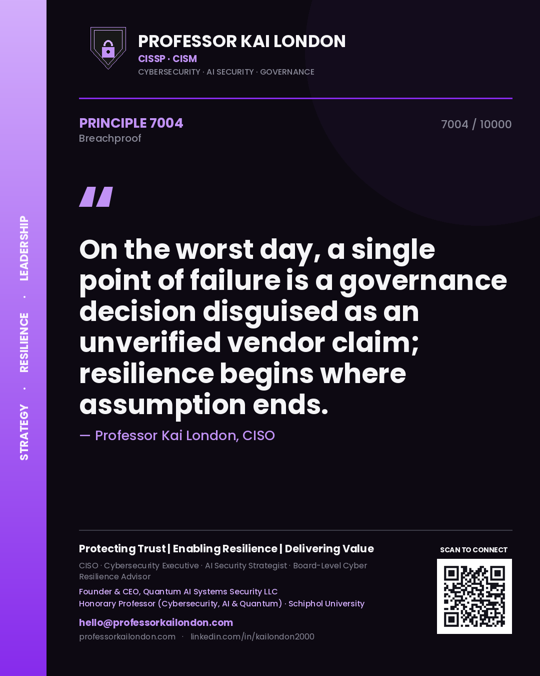 Quote card by Professor Kai London reading 'On the worst day, a single point of failure is a governance decision disguised as an unverified vendor claim; resilience begins where assumption ends.'. From the book Breachproof.