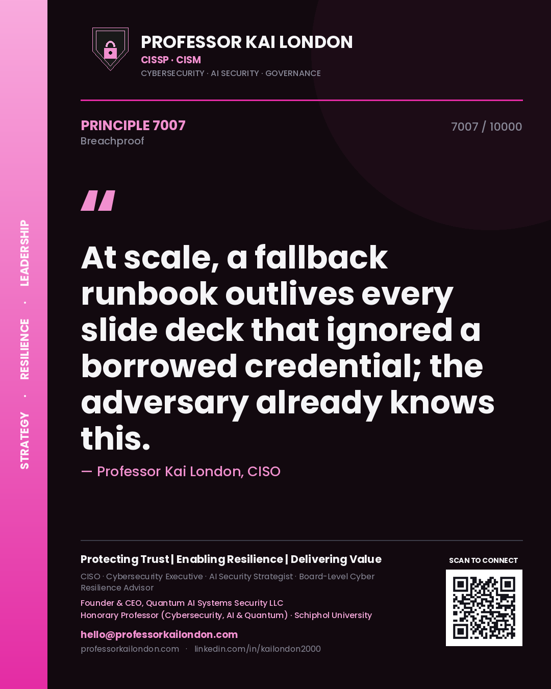 Quote card by Professor Kai London reading 'At scale, a fallback runbook outlives every slide deck that ignored a borrowed credential; the adversary already knows this.'. From the book Breachproof.