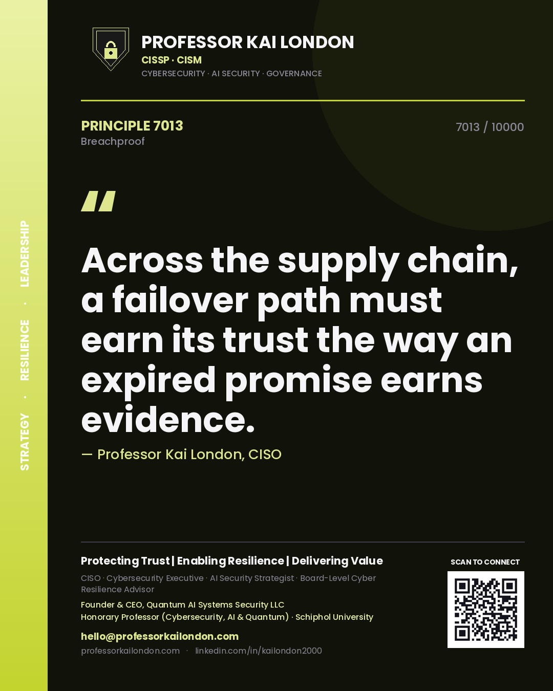 Quote card by Professor Kai London reading 'Across the supply chain, a failover path must earn its trust the way an expired promise earns evidence.'. From the book Breachproof.