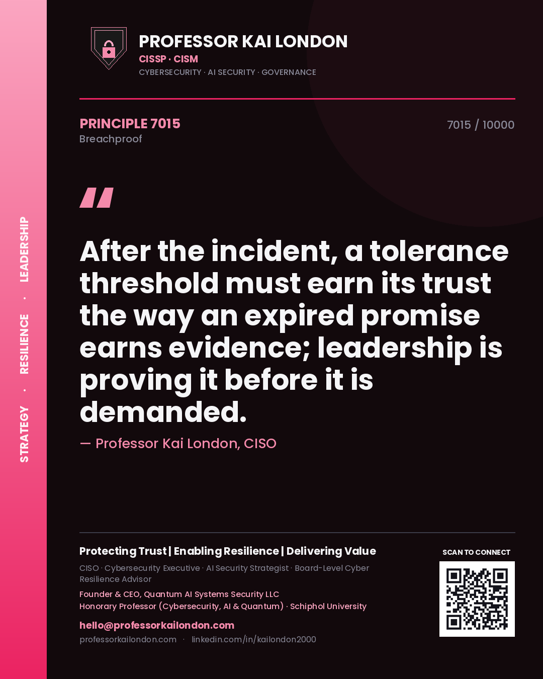 Quote card by Professor Kai London reading 'After the incident, a tolerance threshold must earn its trust the way an expired promise earns evidence; leadership is proving it before it is demanded.'. From the book Breachproof.