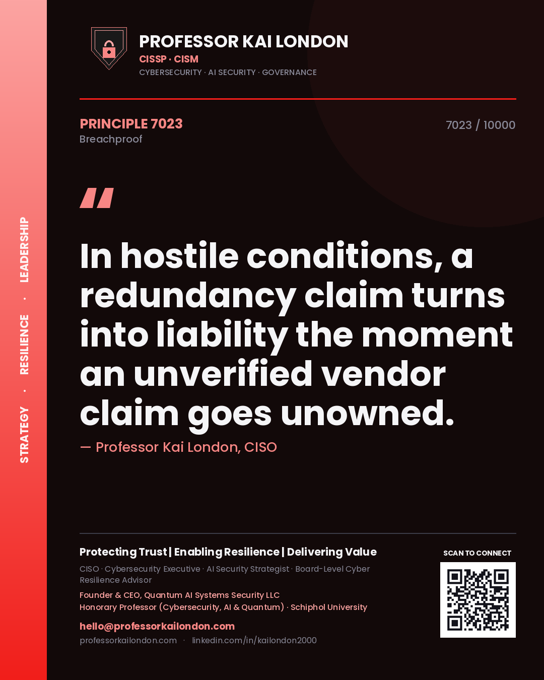 Professor Kai London principle 7023: In hostile conditions, a redundancy claim turns into liability the moment an unverified vendor claim goes unowned.
