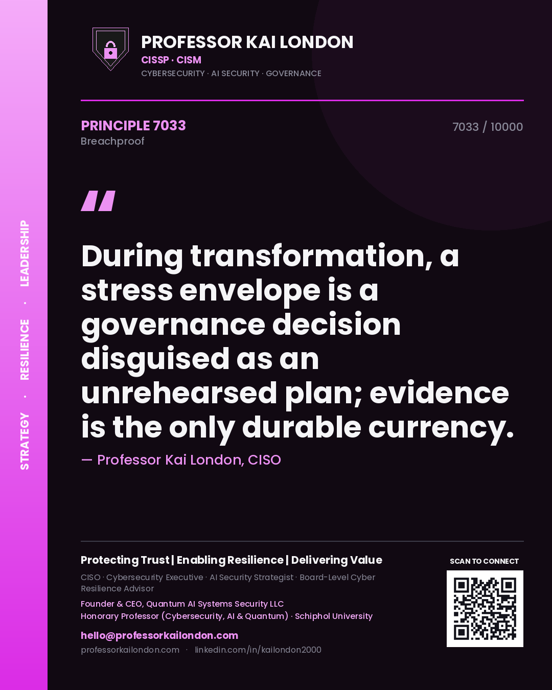 Quote card by Professor Kai London reading 'During transformation, a stress envelope is a governance decision disguised as an unrehearsed plan; evidence is the only durable currency.'. From the book Breachproof.