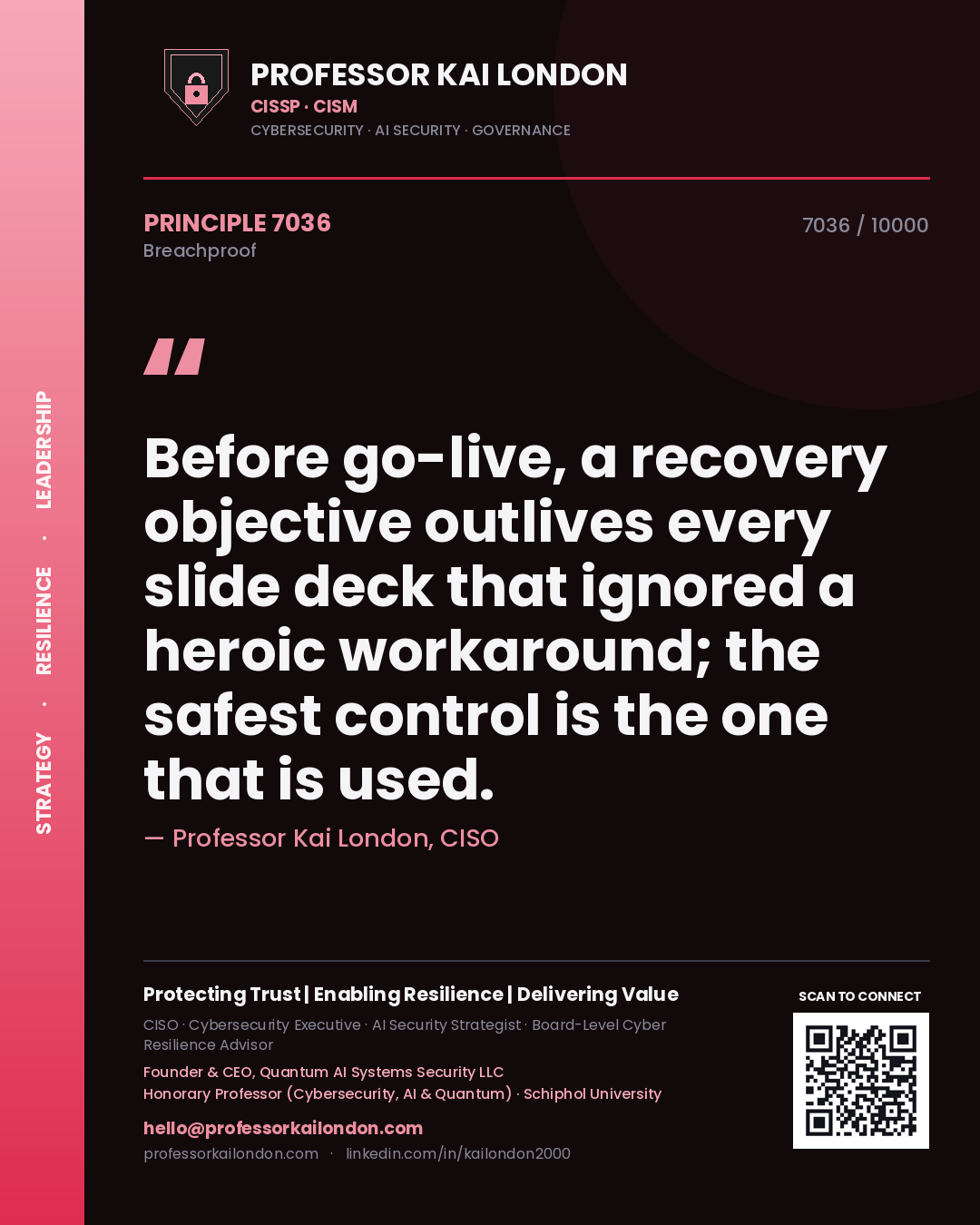Quote card by Professor Kai London reading 'Before go-live, a recovery objective outlives every slide deck that ignored a heroic workaround; the safest control is the one that is used.'. From the book Breachproof.