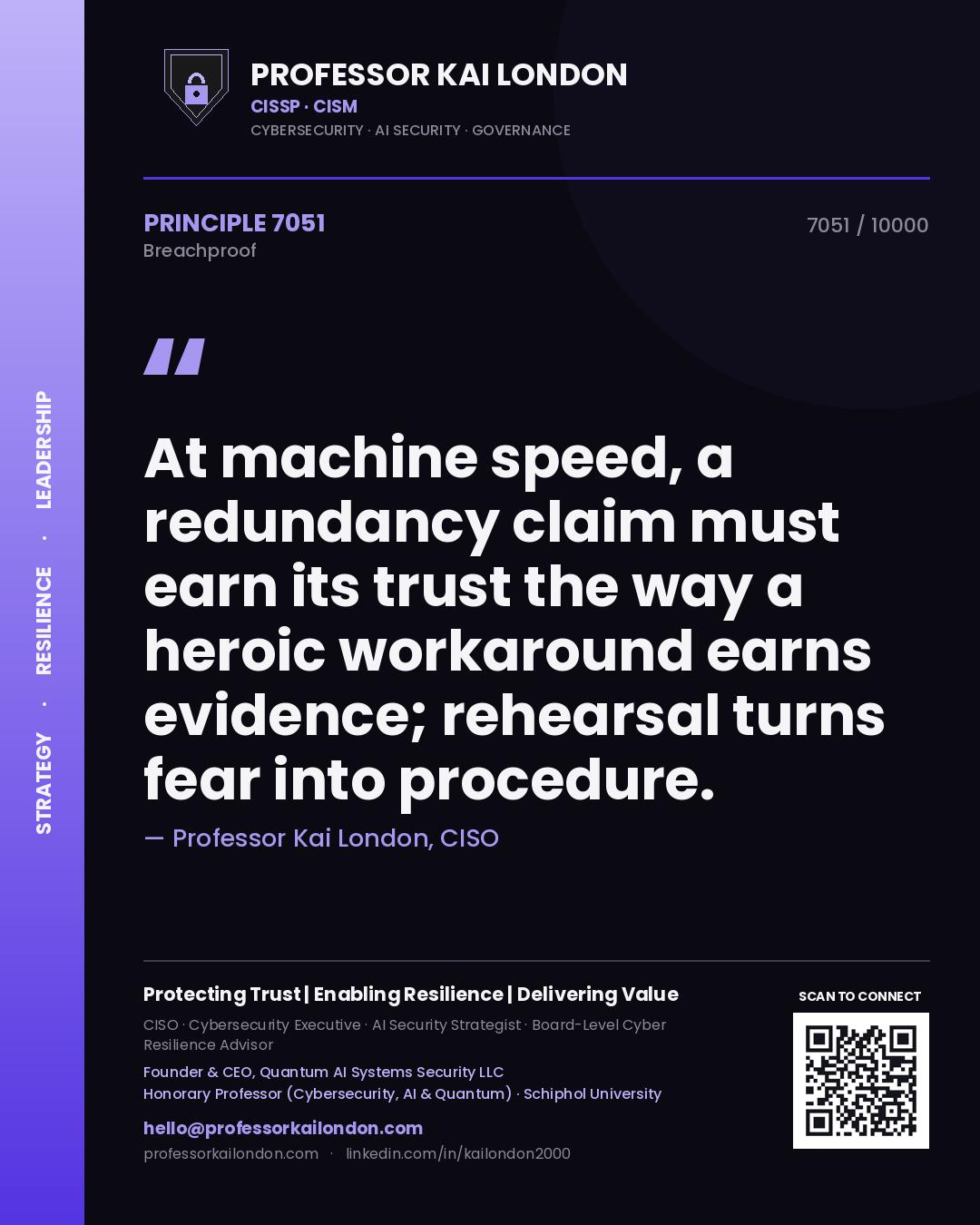 Professor Kai London principle 7051: At machine speed, a redundancy claim must earn its trust the way a heroic workaround earns evidence; rehearsal turns fear into procedure.