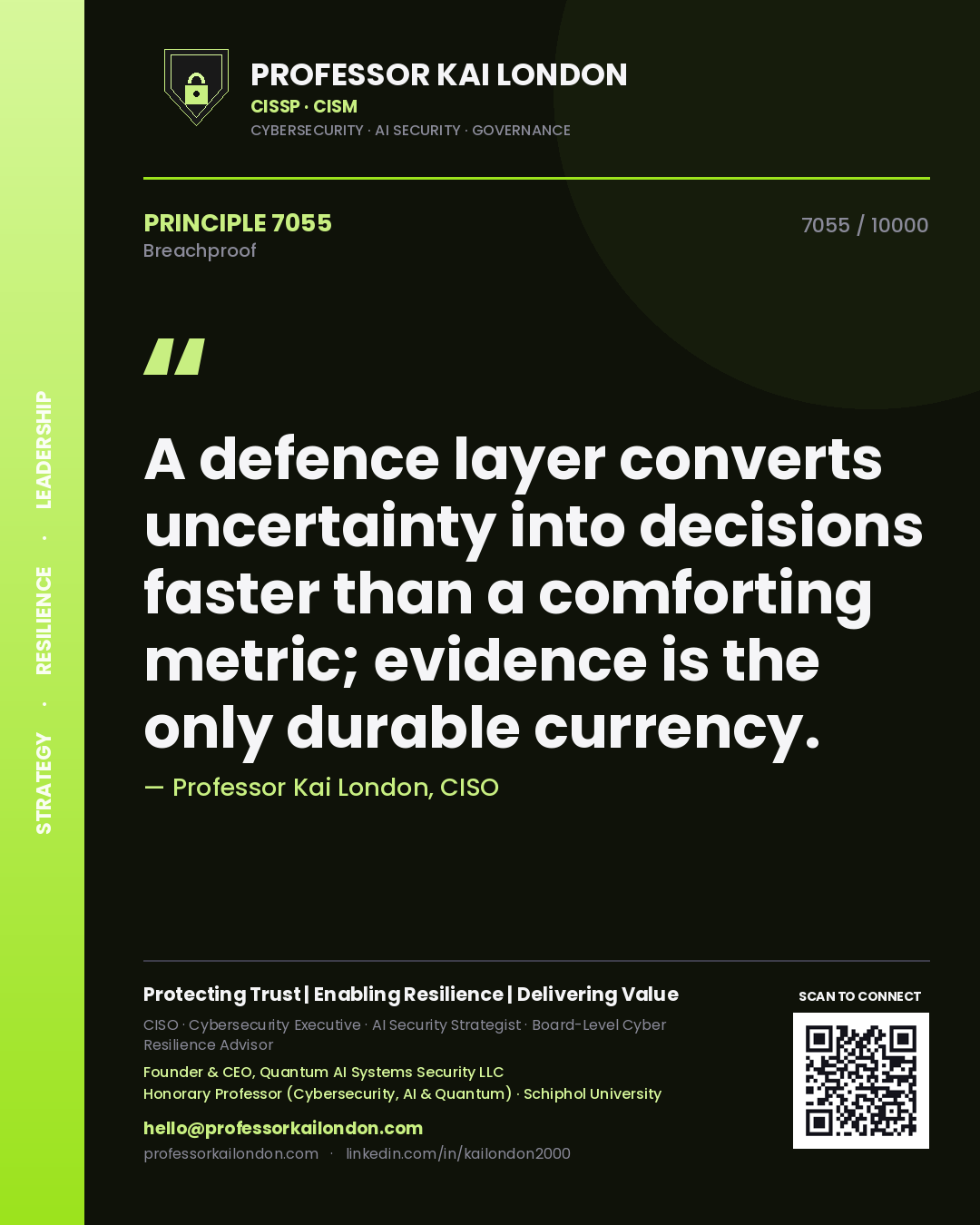Quote card by Professor Kai London reading 'A defence layer converts uncertainty into decisions faster than a comforting metric; evidence is the only durable currency.'. From the book Breachproof.