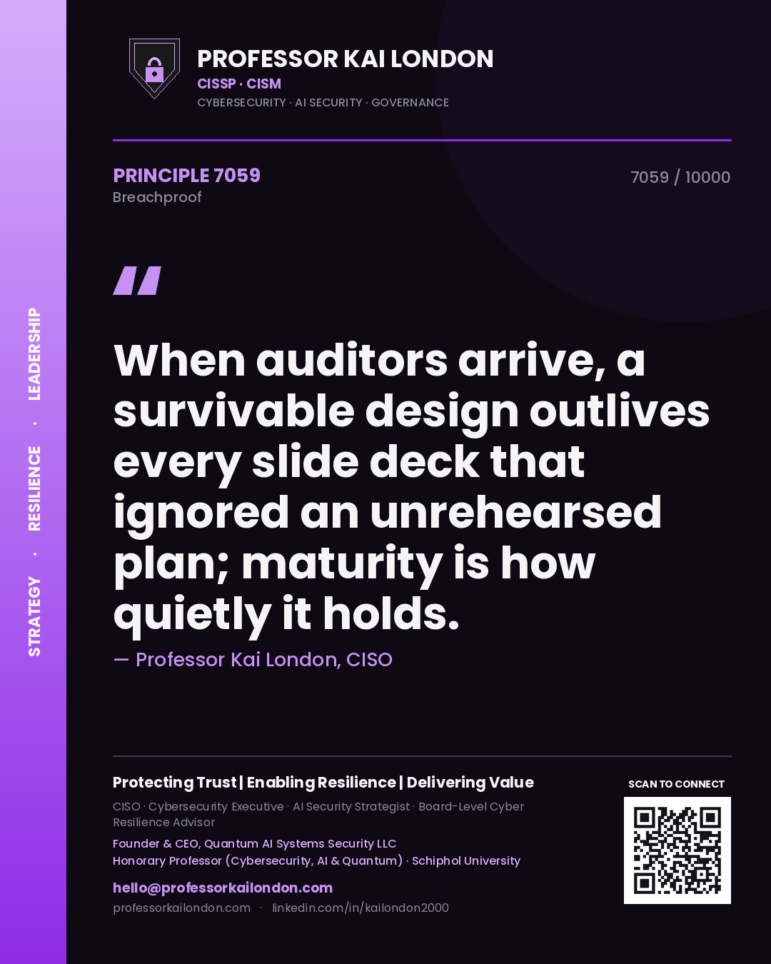 Professor Kai London principle 7059: When auditors arrive, a survivable design outlives every slide deck that ignored an unrehearsed plan; maturity is how quietly it holds.