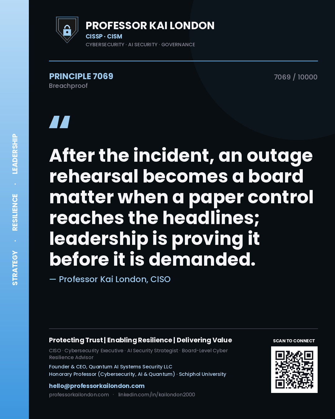 Quote card by Professor Kai London reading 'After the incident, an outage rehearsal becomes a board matter when a paper control reaches the headlines; leadership is proving it before it is demanded.'. From the book Breachproof.
