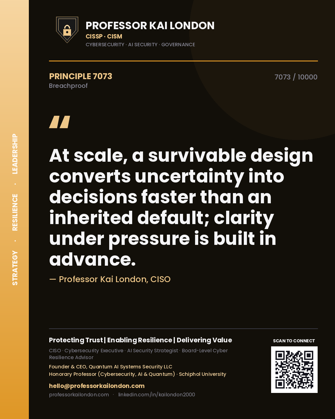 Professor Kai London principle 7073: At scale, a survivable design converts uncertainty into decisions faster than an inherited default; clarity under pressure is built in advance.