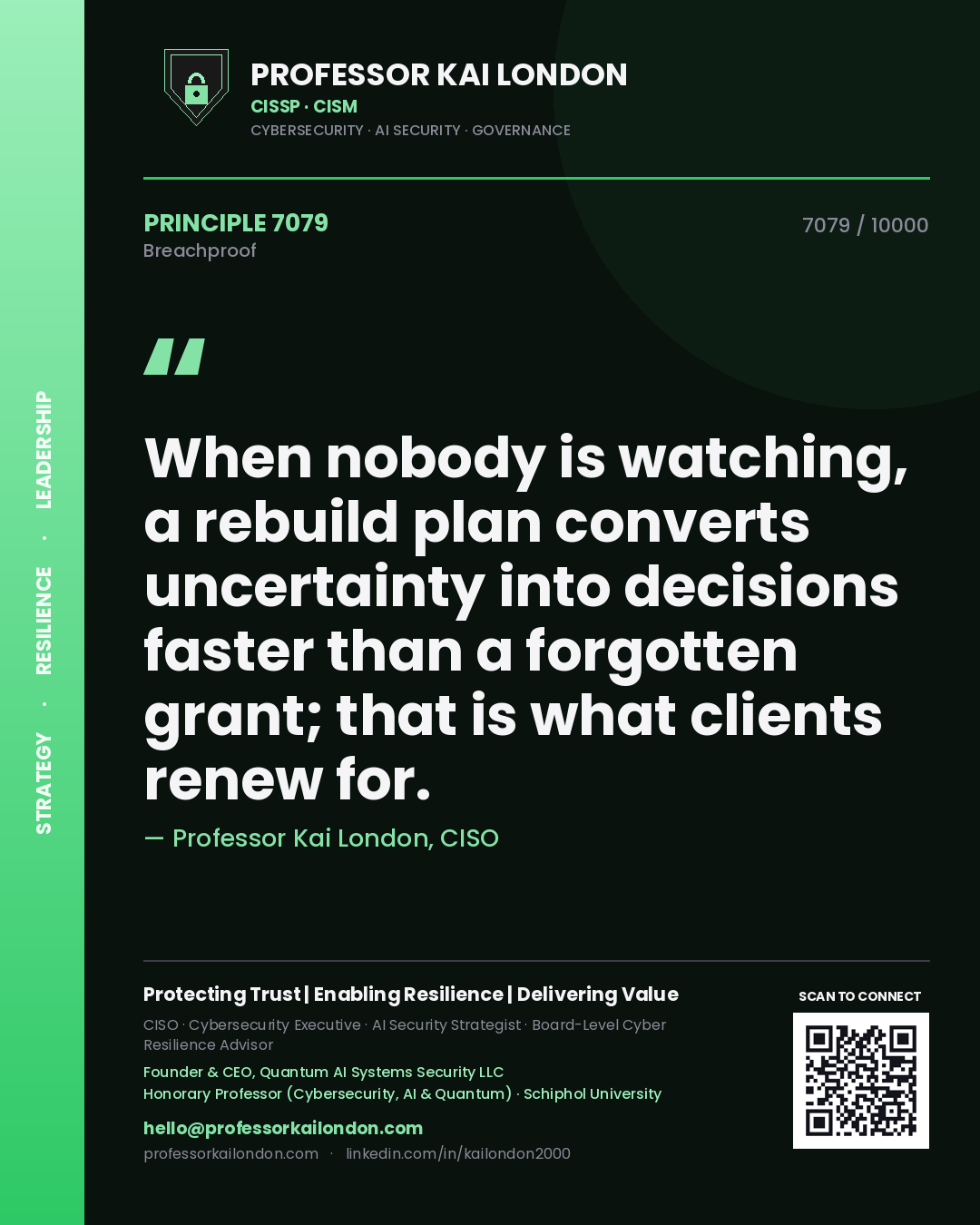 Professor Kai London principle 7079: When nobody is watching, a rebuild plan converts uncertainty into decisions faster than a forgotten grant; that is what clients renew for.