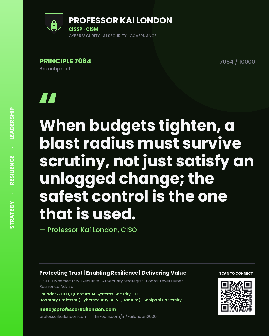 Quote card by Professor Kai London reading 'When budgets tighten, a blast radius must survive scrutiny, not just satisfy an unlogged change; the safest control is the one that is used.'. From the book Breachproof.