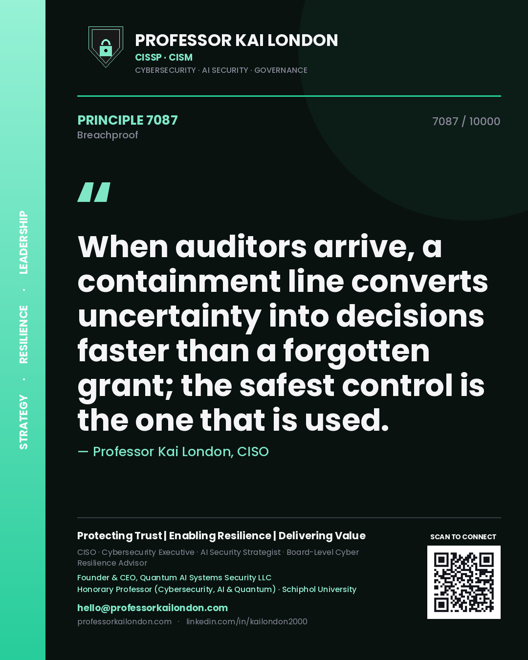 Quote card by Professor Kai London reading 'When auditors arrive, a containment line converts uncertainty into decisions faster than a forgotten grant; the safest control is the one that is used.'. From the book Breachproof.