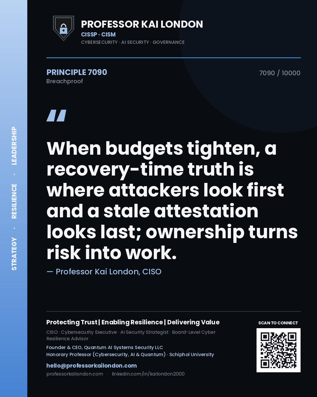 Professor Kai London principle 7090: When budgets tighten, a recovery-time truth is where attackers look first and a stale attestation looks last; ownership turns risk into work.