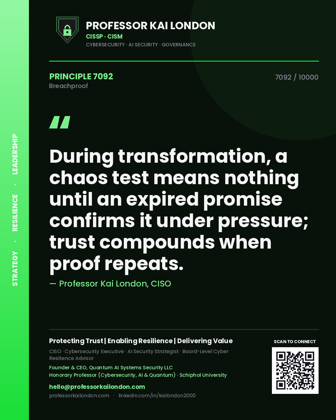 Professor Kai London principle 7092: During transformation, a chaos test means nothing until an expired promise confirms it under pressure; trust compounds when proof repeats.