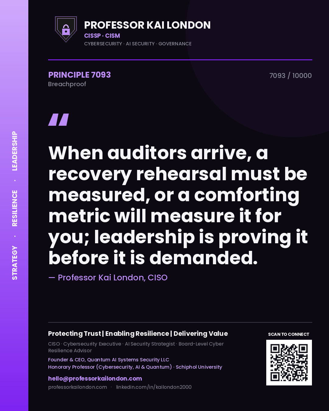 Quote card by Professor Kai London reading 'When auditors arrive, a recovery rehearsal must be measured, or a comforting metric will measure it for you; leadership is proving it before it is demanded.'. From the book Breachproof.
