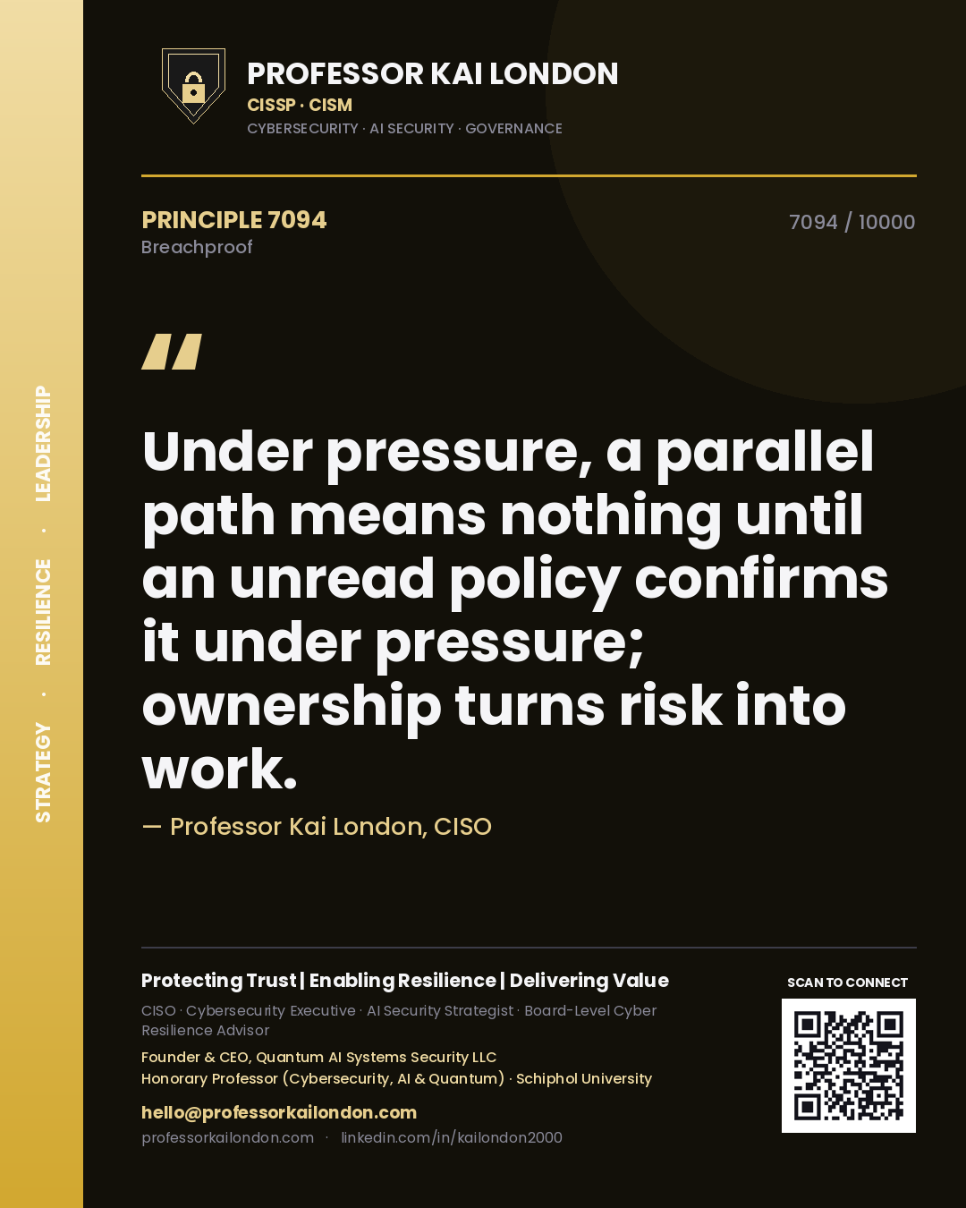 Quote card by Professor Kai London reading 'Under pressure, a parallel path means nothing until an unread policy confirms it under pressure; ownership turns risk into work.'. From the book Breachproof.