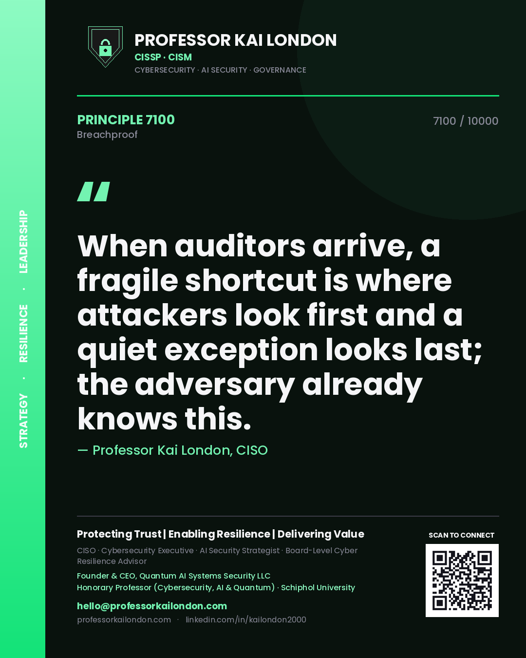 Professor Kai London principle 7100: When auditors arrive, a fragile shortcut is where attackers look first and a quiet exception looks last; the adversary already knows this.