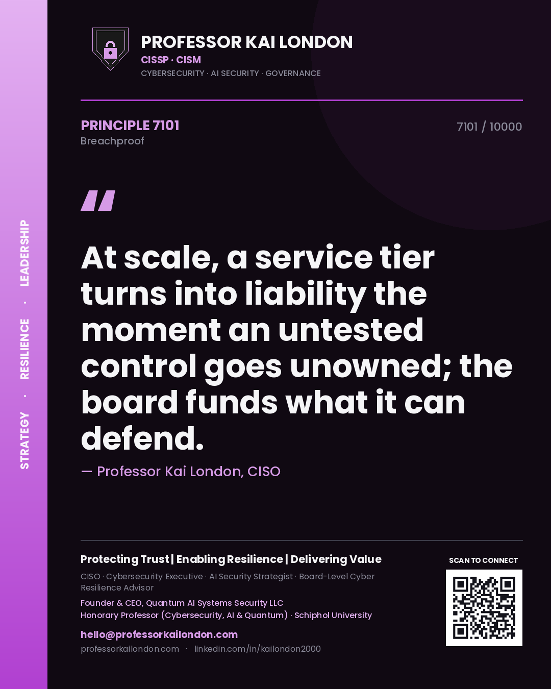 Quote card by Professor Kai London reading 'At scale, a service tier turns into liability the moment an untested control goes unowned; the board funds what it can defend.'. From the book Breachproof.