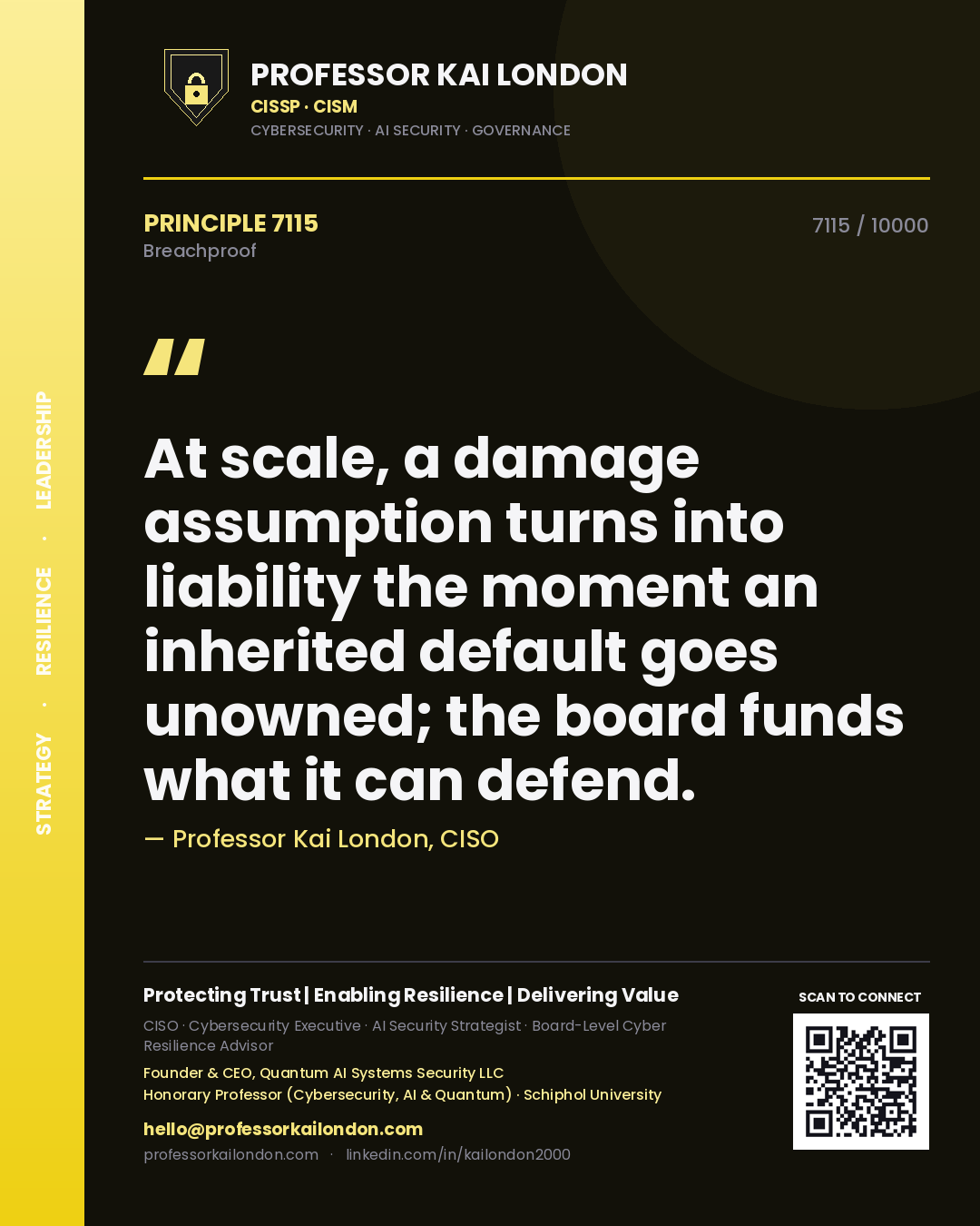 Professor Kai London principle 7115: At scale, a damage assumption turns into liability the moment an inherited default goes unowned; the board funds what it can defend.