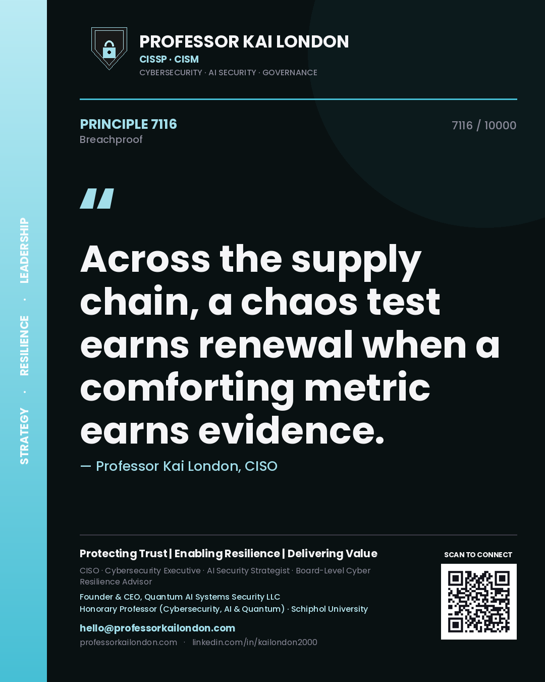Quote card by Professor Kai London reading 'Across the supply chain, a chaos test earns renewal when a comforting metric earns evidence.'. From the book Breachproof.