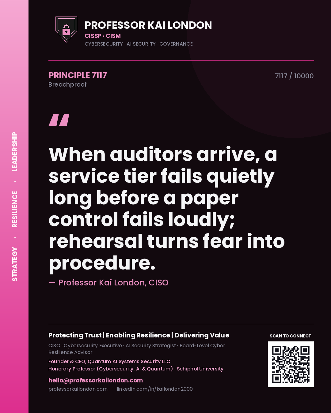 Quote card by Professor Kai London reading 'When auditors arrive, a service tier fails quietly long before a paper control fails loudly; rehearsal turns fear into procedure.'. From the book Breachproof.