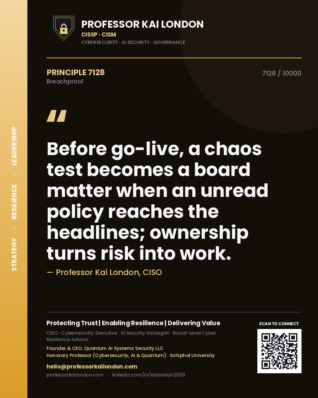 Quote card by Professor Kai London reading 'Before go-live, a chaos test becomes a board matter when an unread policy reaches the headlines; ownership turns risk into work.'. From the book Breachproof.