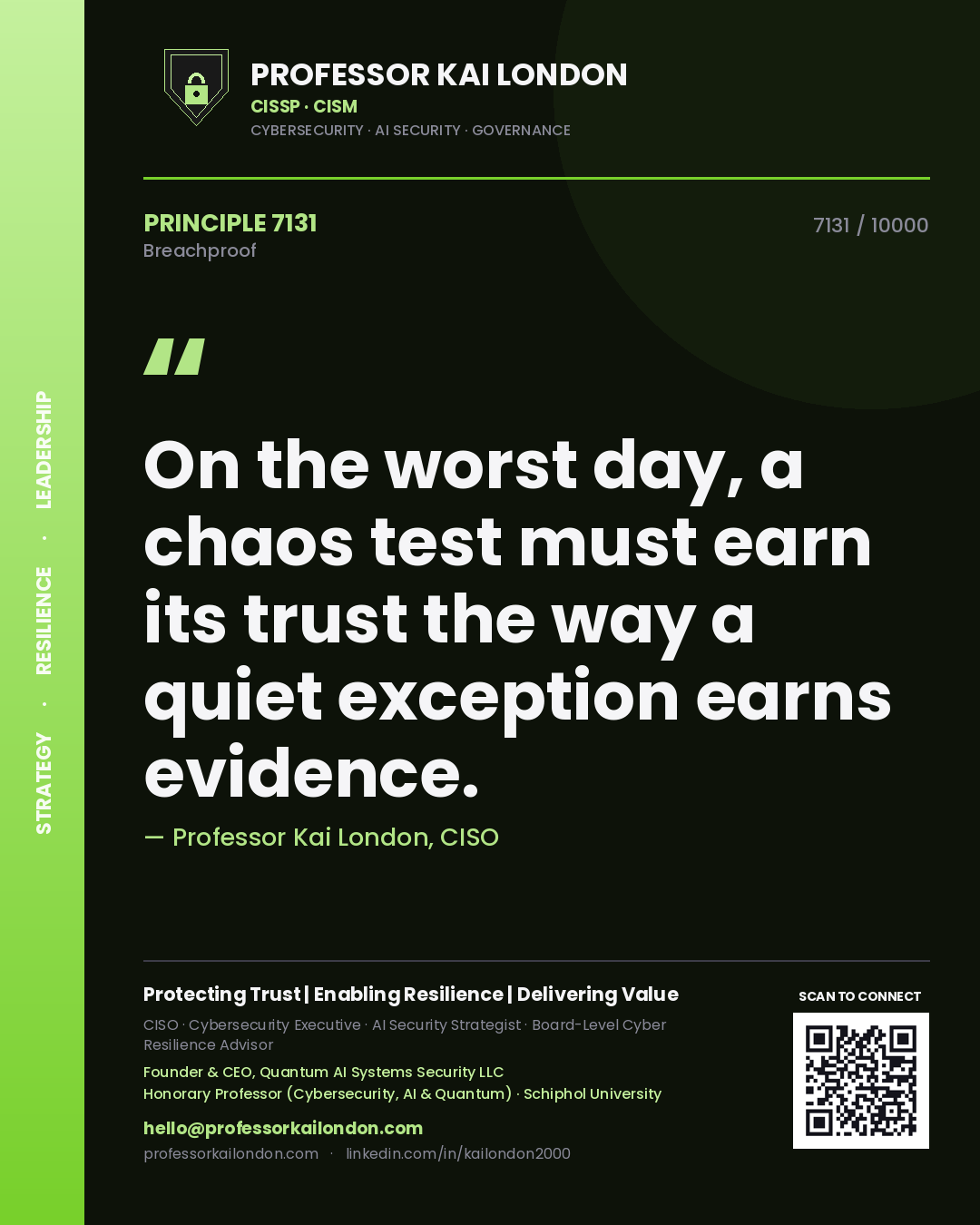 Quote card by Professor Kai London reading 'On the worst day, a chaos test must earn its trust the way a quiet exception earns evidence.'. From the book Breachproof.