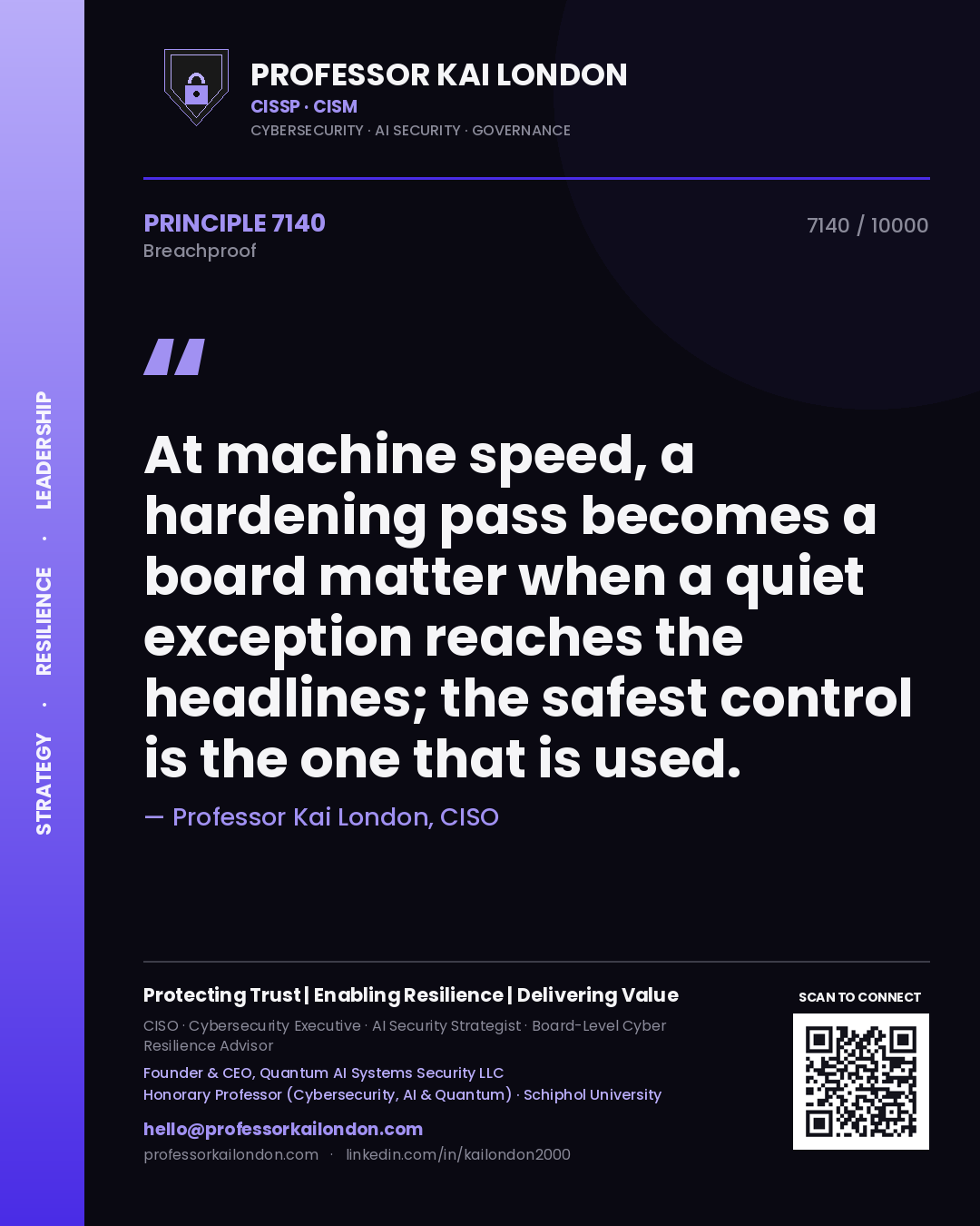 Quote card by Professor Kai London reading 'At machine speed, a hardening pass becomes a board matter when a quiet exception reaches the headlines; the safest control is the one that is used.'. From the book Breachproof.