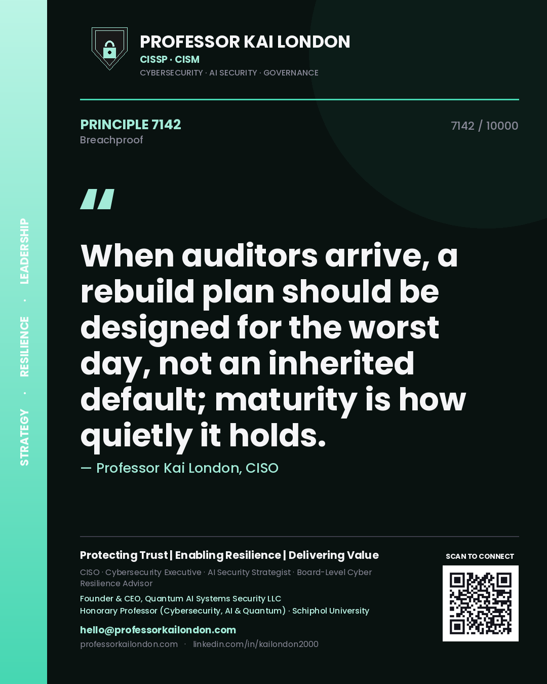 Quote card by Professor Kai London reading 'When auditors arrive, a rebuild plan should be designed for the worst day, not an inherited default; maturity is how quietly it holds.'. From the book Breachproof.