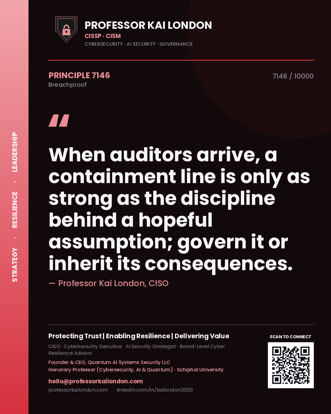 Quote card by Professor Kai London reading 'When auditors arrive, a containment line is only as strong as the discipline behind a hopeful assumption; govern it or inherit its consequences.'. From the book Breachproof.