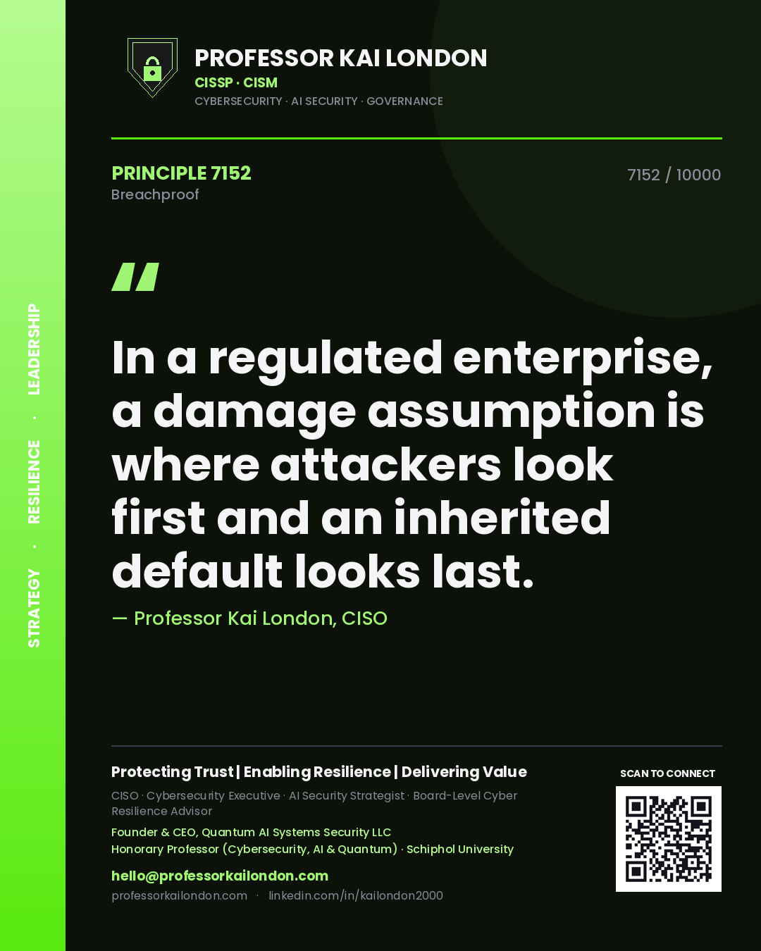 Quote card by Professor Kai London reading 'In a regulated enterprise, a damage assumption is where attackers look first and an inherited default looks last.'. From the book Breachproof.