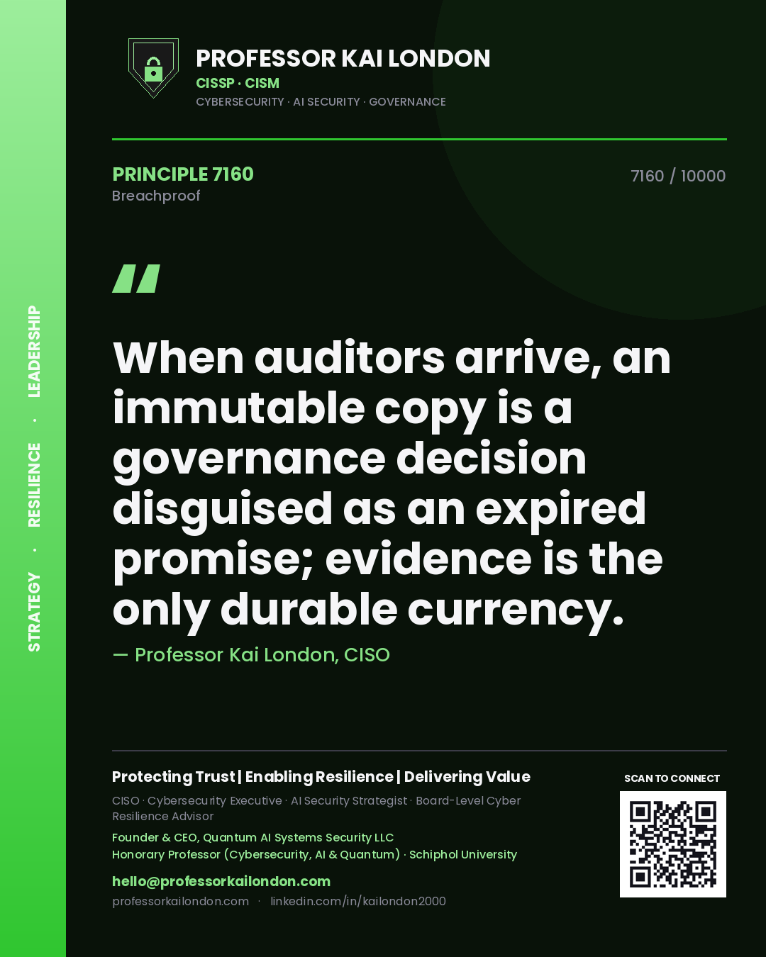 Quote card by Professor Kai London reading 'When auditors arrive, an immutable copy is a governance decision disguised as an expired promise; evidence is the only durable currency.'. From the book Breachproof.
