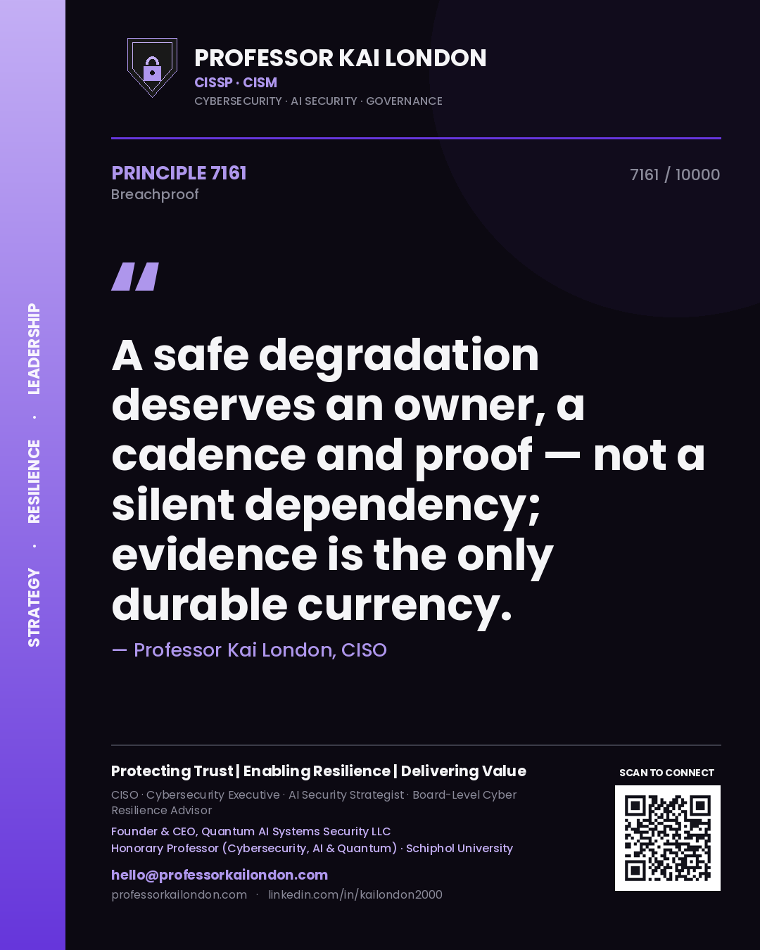Quote card by Professor Kai London reading 'A safe degradation deserves an owner, a cadence and proof — not a silent dependency; evidence is the only durable currency.'. From the book Breachproof.