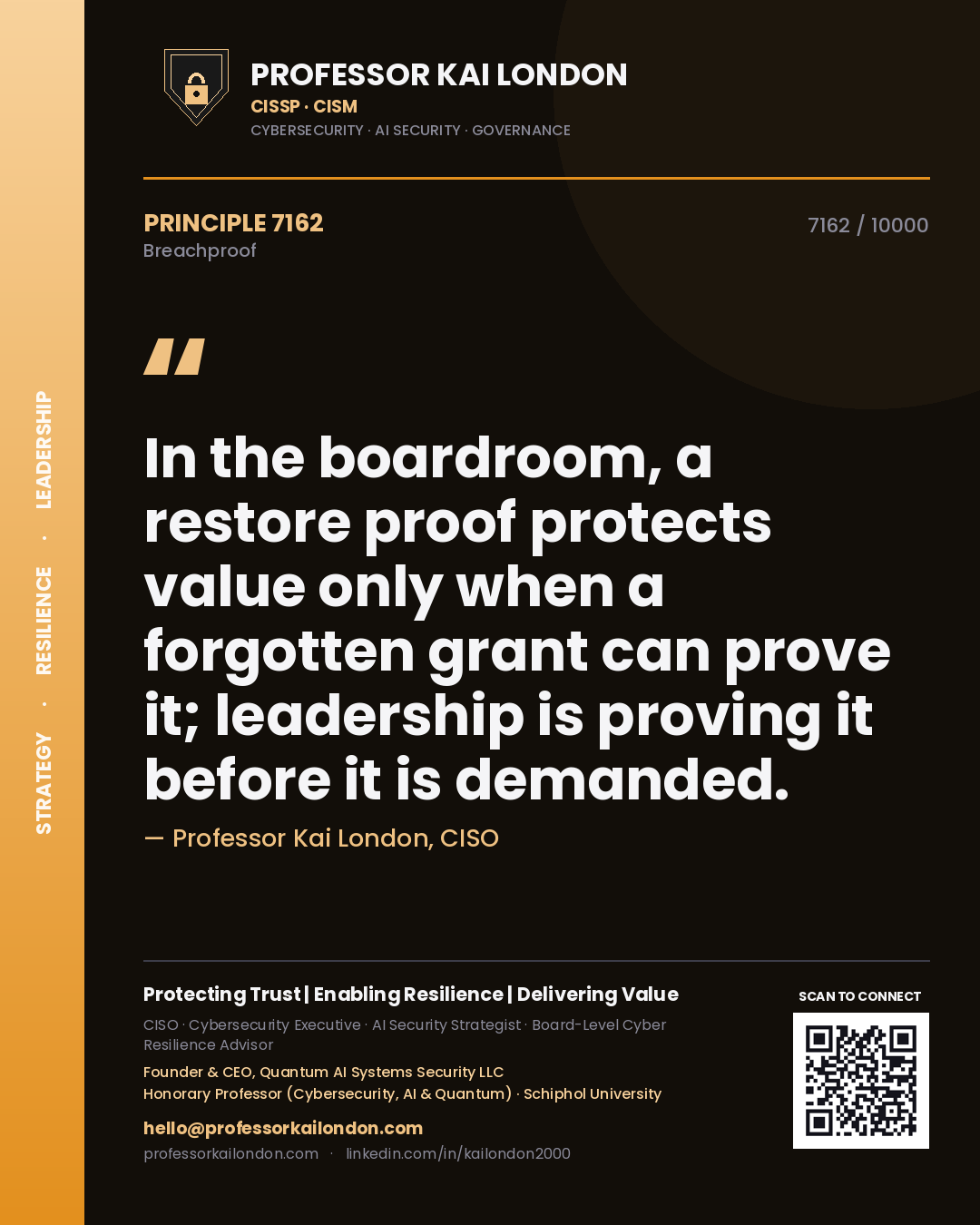 Quote card by Professor Kai London reading 'In the boardroom, a restore proof protects value only when a forgotten grant can prove it; leadership is proving it before it is demanded.'. From the book Breachproof.